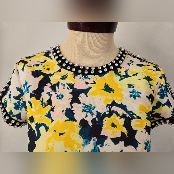JUICY COUTURE Floral Yellow/ Blue/black Dress with Studded Gem Collar. Size S - Picture 3 of 16